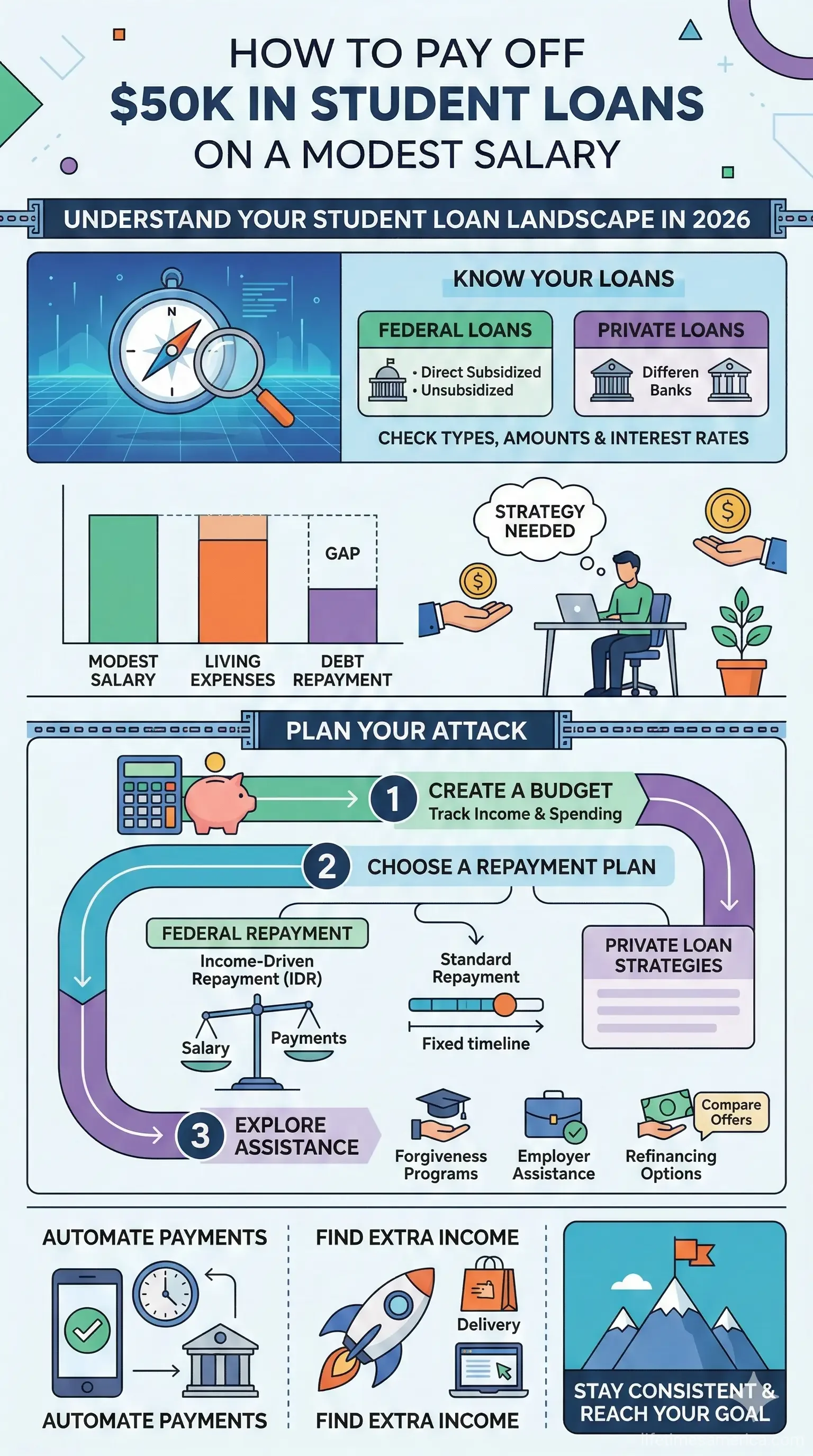 Infographic: How to Pay Off $50k in Student Loans on a Modest Salary — key facts and figures at a glance